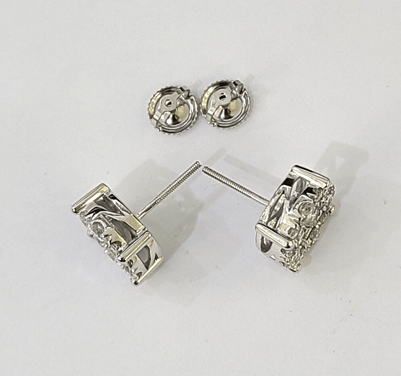 10k White gold Flower Earrings Real Diamond screw - back Women Men Studs - GoldenlinQ